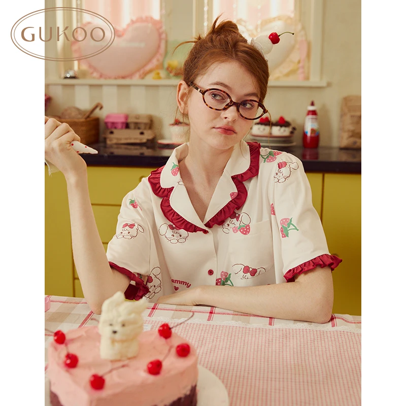 【Gukoo果壳】夏季睡衣Mikko短袖草莓满印可爱女士家居服套装