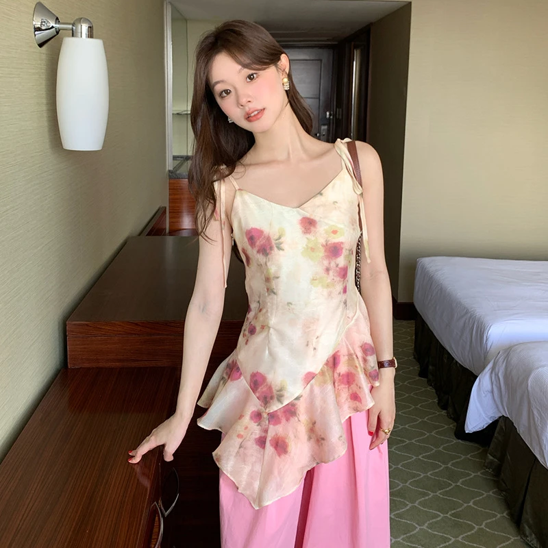 夏日名媛私服富贵优雅不规则吊带上衣女S0983