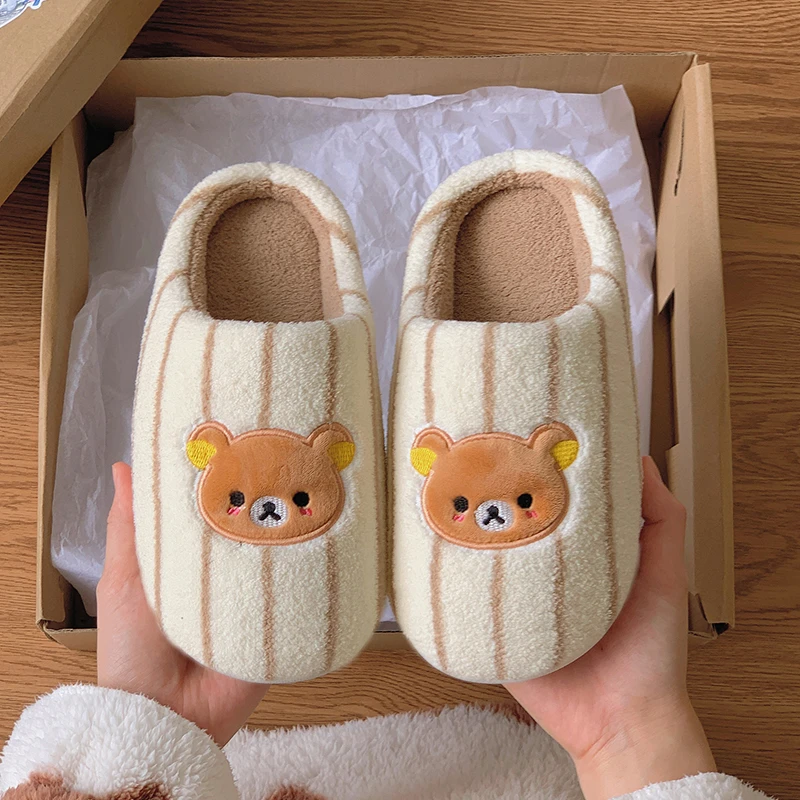 条纹轻松熊棉拖鞋韩系百搭休闲男女情侣保暖冬季居家防滑棉鞋假日