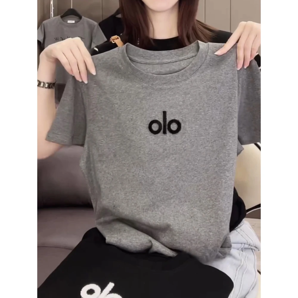 今年新款2025夏季新款圆领短袖T恤女字母刺绣设计感高级灰半袖衫