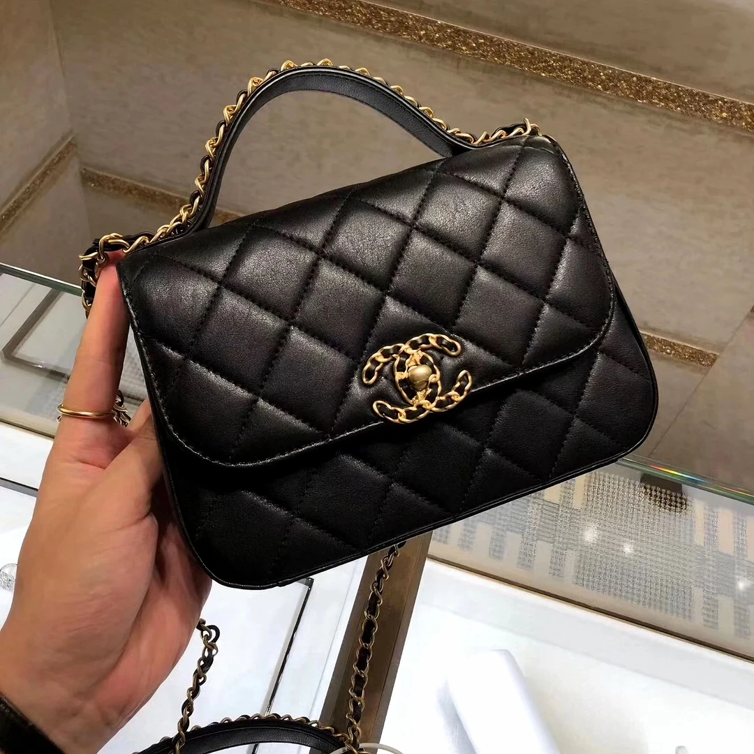 99新 Chanel/香奈儿 7718|香奈儿19黑金小号邮差斜挎包|香奈儿