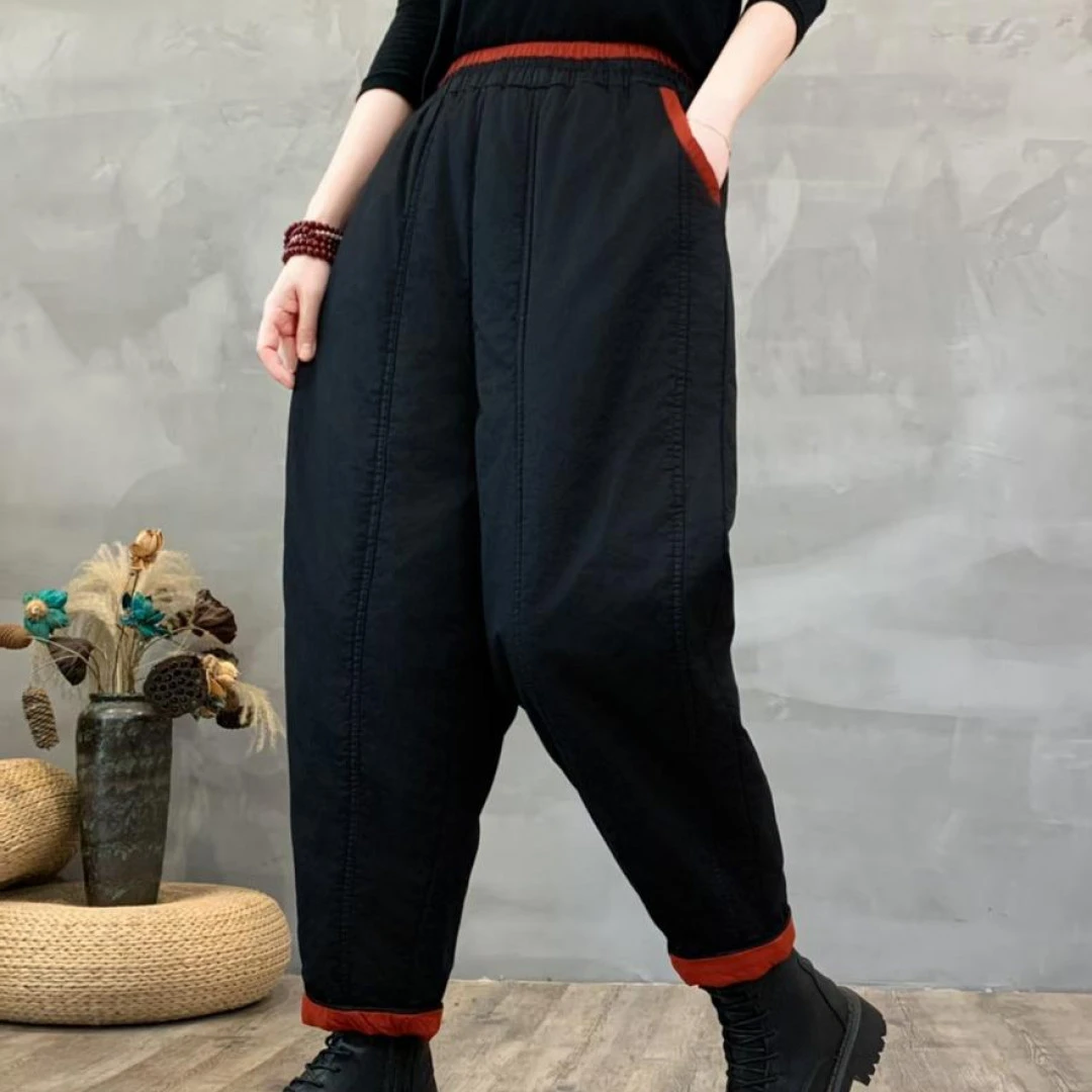 （运费险）2025冬季新款加棉抗寒保暖拼色休闲裤女松紧腰时尚哈伦裤