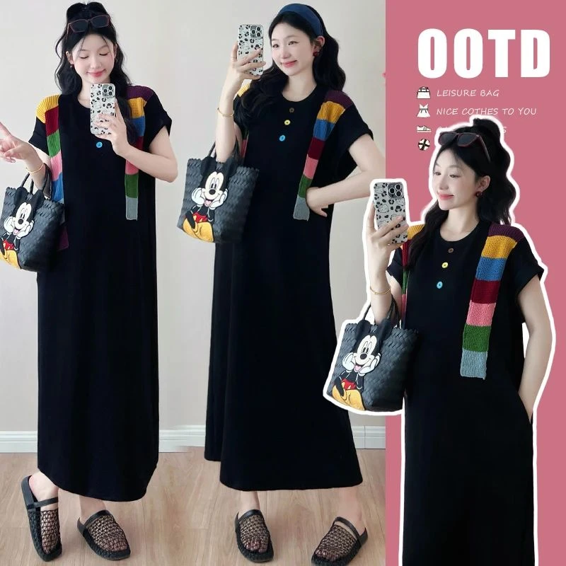 时髦孕妇2025夏装新品韩版圆领针织拼接网红款设计感假两件连衣裙
