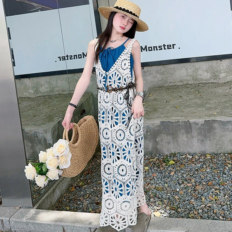 女童夏季连衣裙两件套复古度假风镂空钩花罩衫叠穿吊带连衣裙2025