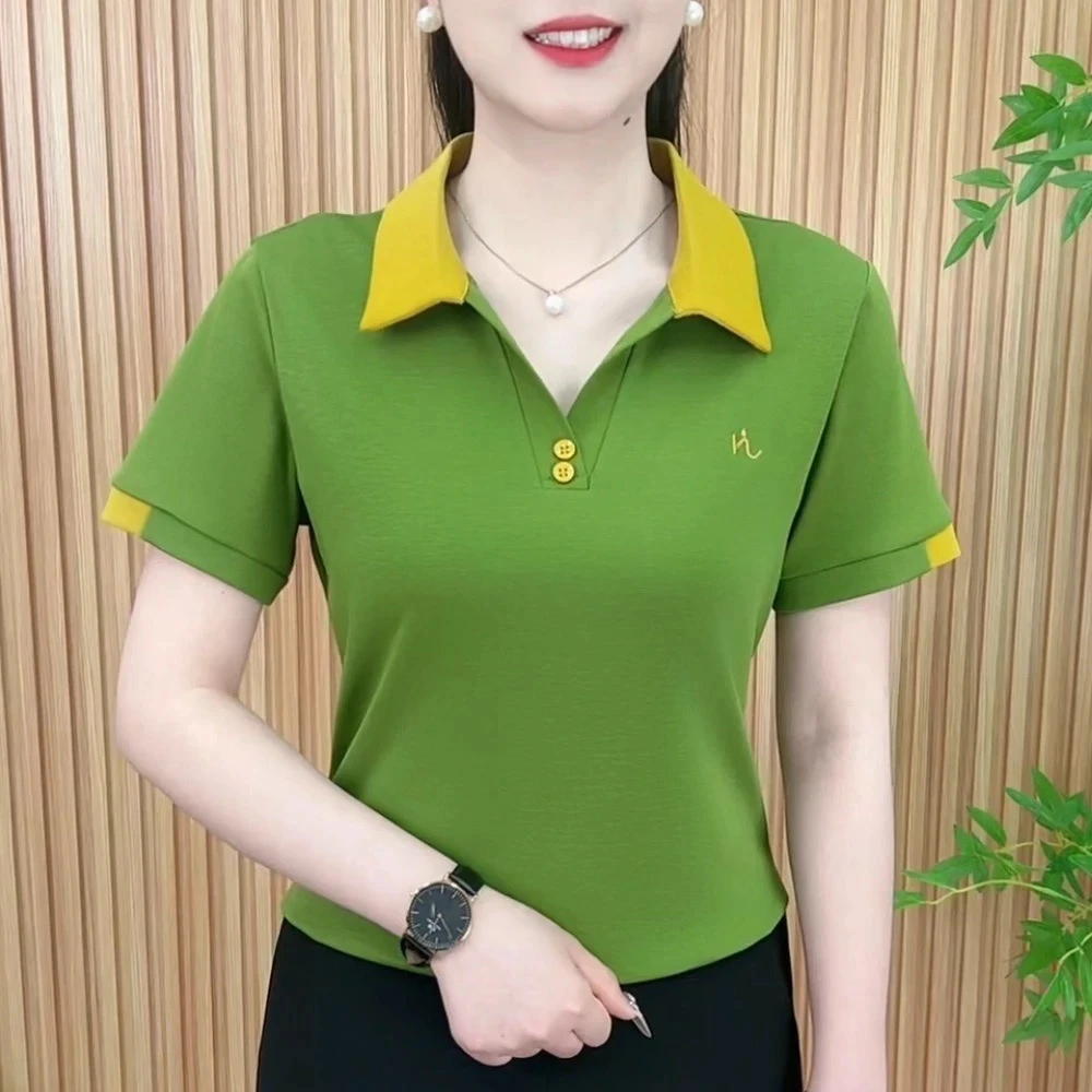 新款短袖T恤翻领撞色百搭洋气时尚妈妈上衣夏季撞色小衫