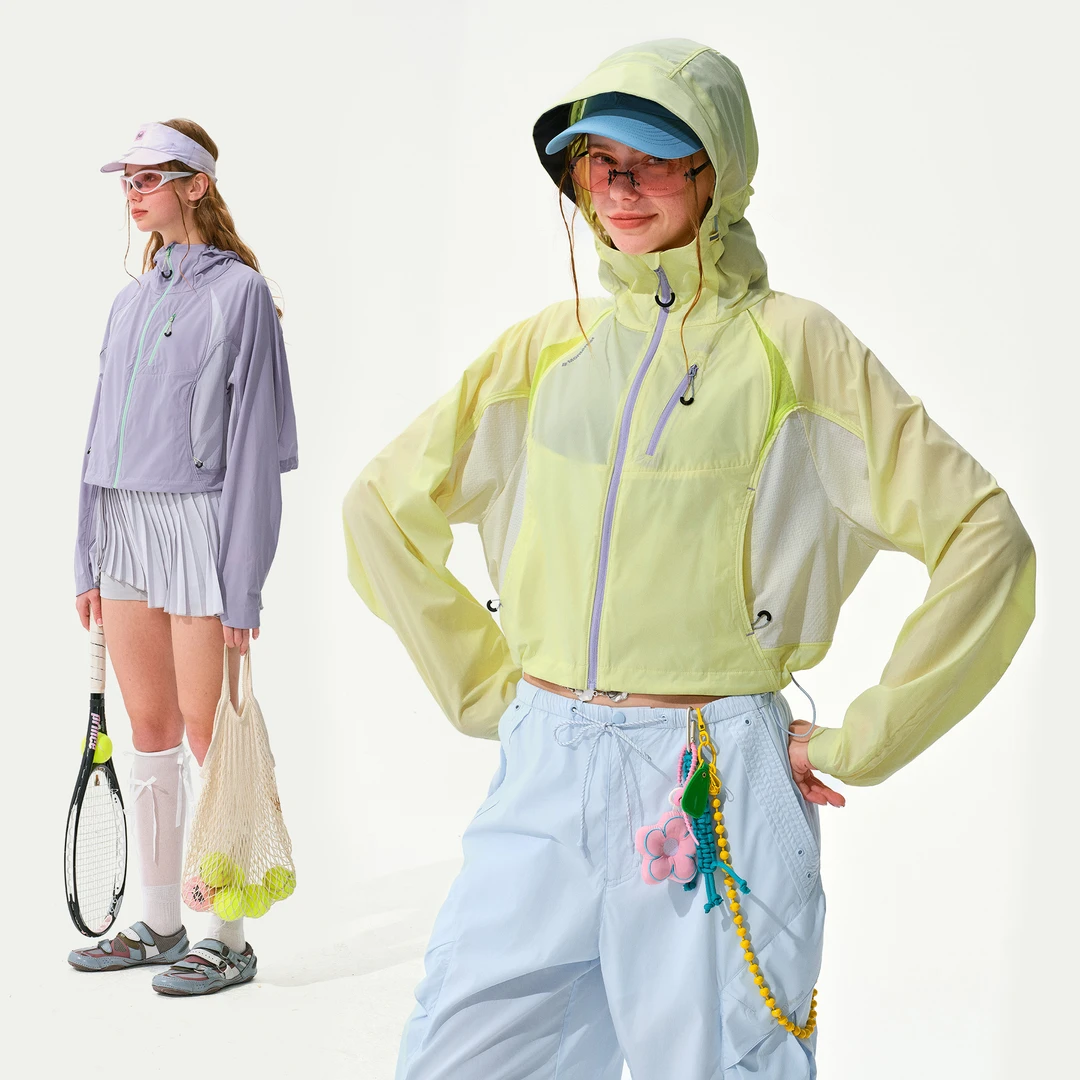 瞬时山野Monterest户外C6防泼水撞色拼接连帽防晒服短款防晒衣女