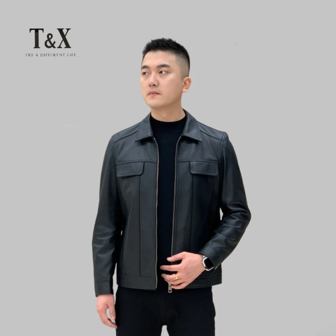 T&X/梯形2024男士新款秋冬季翻领经典时尚真皮绵羊皮夹克百搭外套
