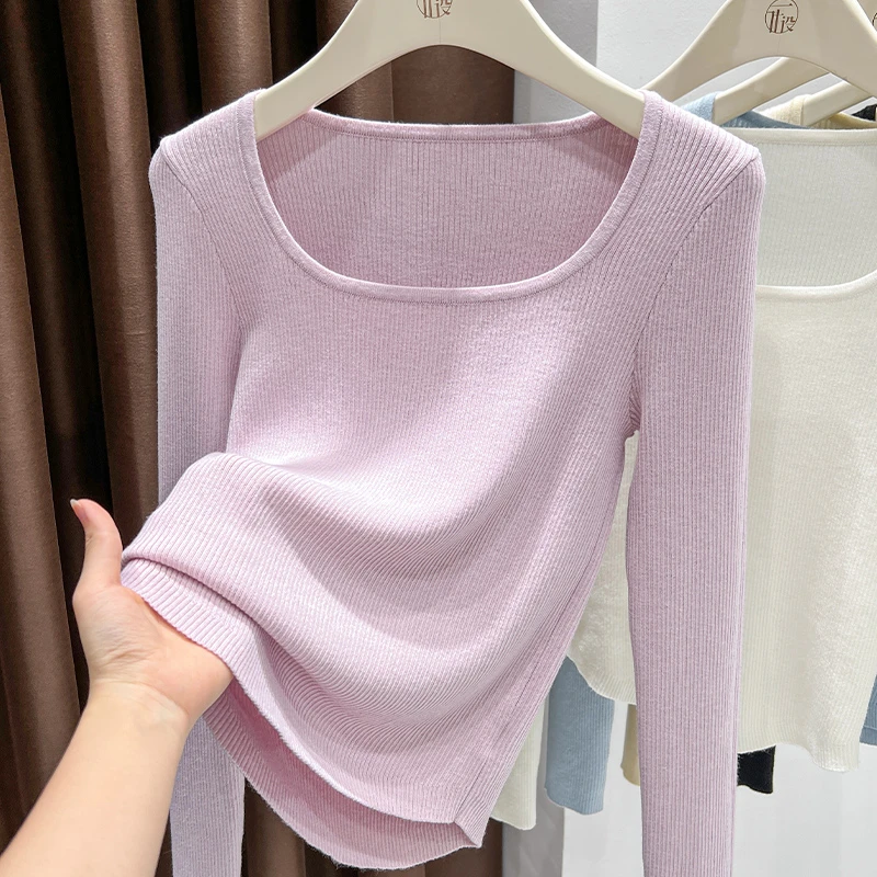 少女感粉紫色方领长袖针织内搭T恤2025秋季新款修身显瘦韩版小衫