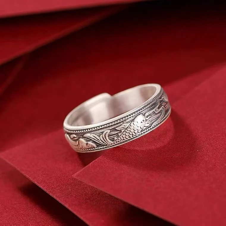 足银戒指 足银999.9复古125做旧鲤鱼戏水戒指民族风好运锦鲤指环