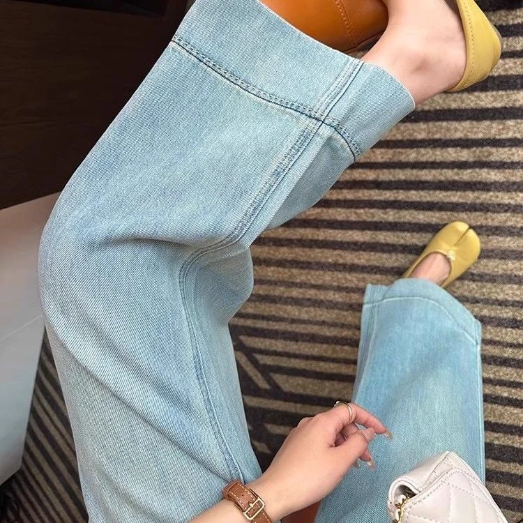 极简风高腰薄款阔腿裤夏季牛仔裤裤子九分裤宽松复古外穿阔腿百搭