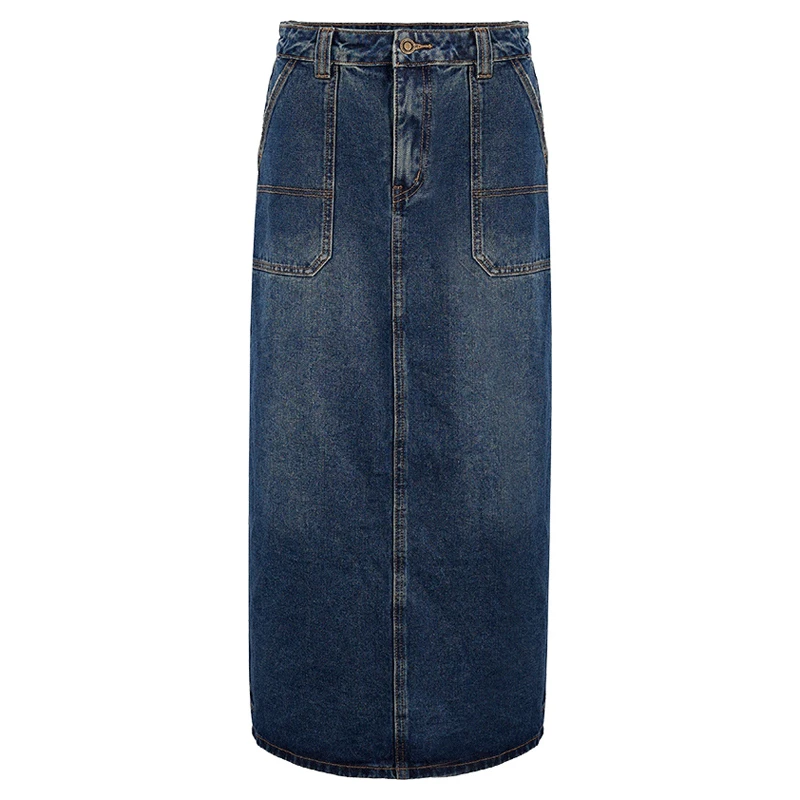 UR2025春季新款女装欧若风复古休闲水洗后开衩牛仔半裙UWJ850006