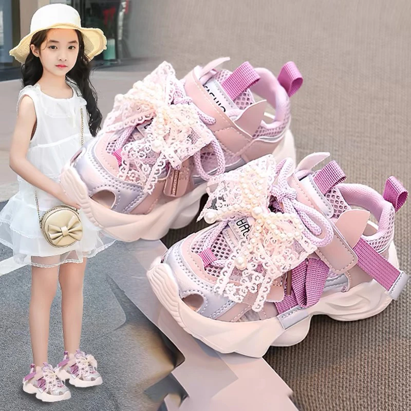 童鞋女童运动凉鞋2025夏季新款镂空透气儿童包头网鞋女孩公主珍珠