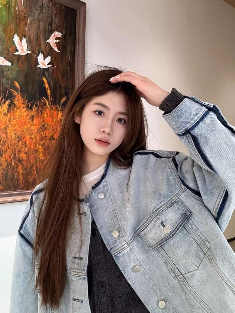 微胖美式复古牛仔外套女春秋新款韩系设计感百搭做旧宽松夹克上衣