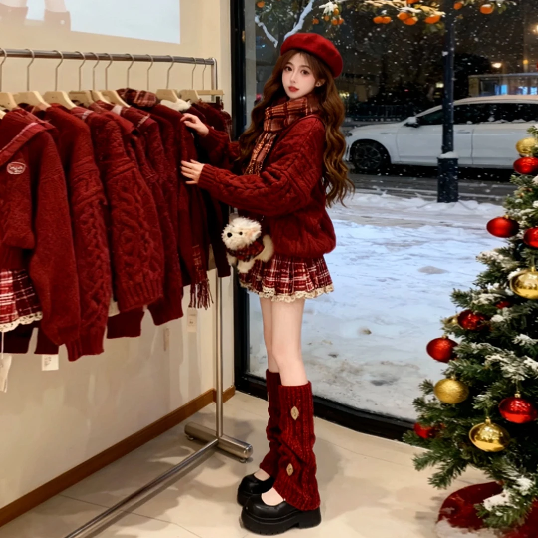 圣诞穿搭红色毛衣连衣裙女秋冬2025新款巨好看穿搭一整套短裙套装