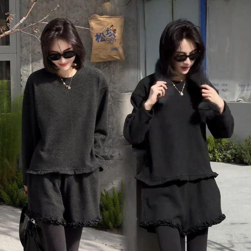 韩系减龄圆领花边上衣短裤套装女2025秋冬慵懒显瘦百搭时尚两件套