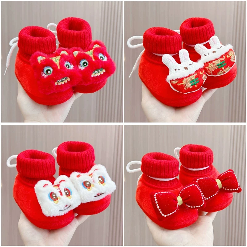 婴儿步前棉鞋红色百天周岁过年宝宝软底袜鞋醒狮虎头鞋加厚绒保暖