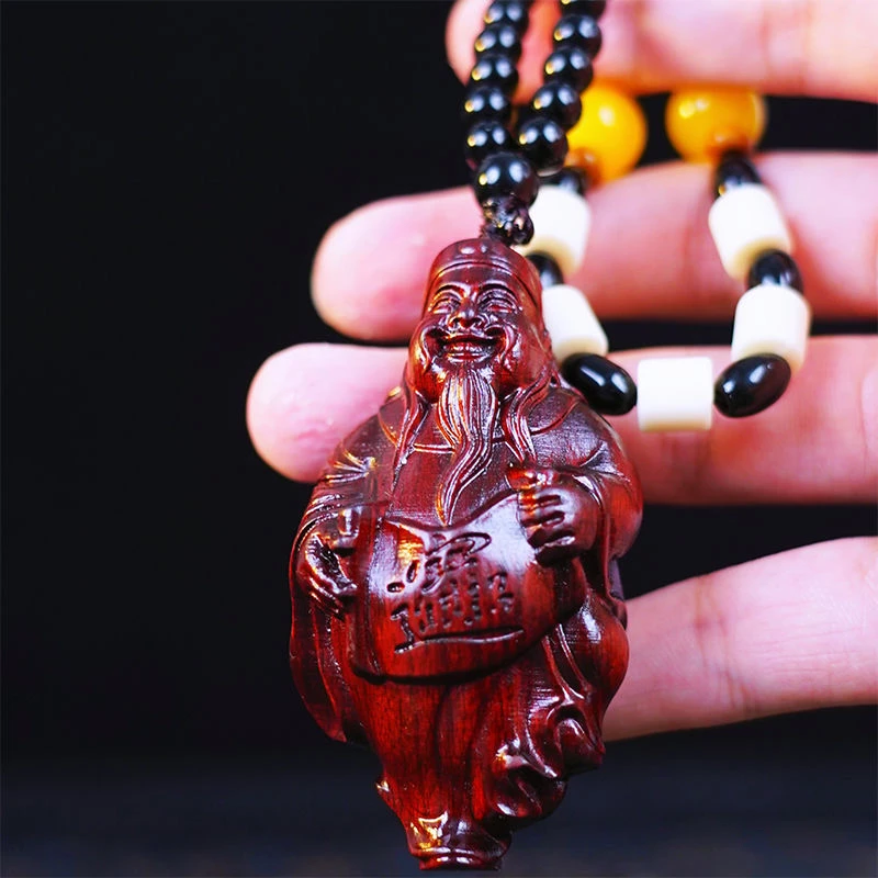 非洲紫檀木财神精工雕刻挂件古风纯手工手把件雕刻送礼接福