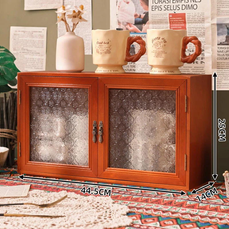 杯子置物柜桌面化妆品展示架子木质复古玻璃收纳盒护肤品防尘带门