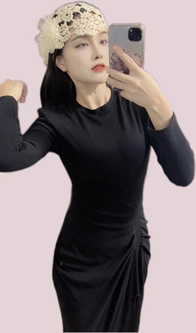 Q·iao 法式优雅气质连衣裙长袖高腰设计显瘦修身包臀裙