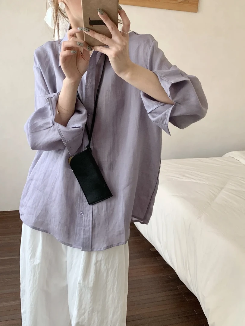 夏季薄款紫色长袖防晒宽松翻领亚麻衬衫女外搭开衫