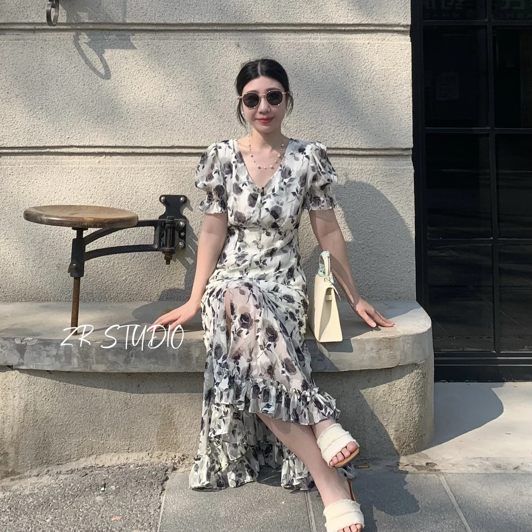 清 【35%真丝】墨染玫瑰夏季新款透气防晒收腰气质长裙