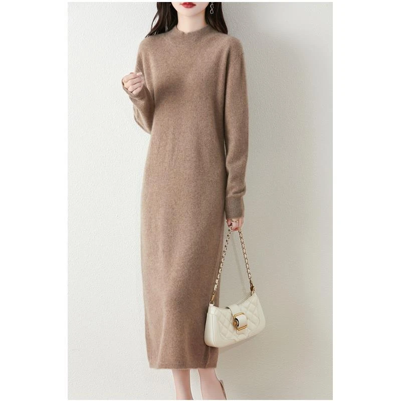 100%羊毛秋冬针织套头显瘦A字裙长款半高领YYY2465