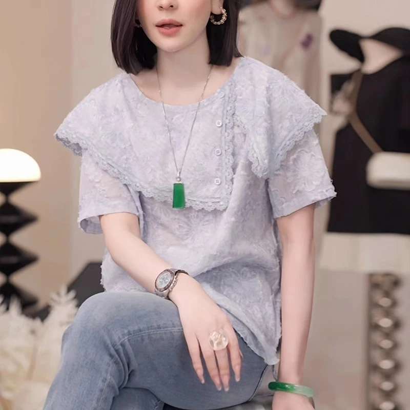 蓝色短袖t恤女士2025夏季新款宽松显瘦提花刺绣设计感荷叶边上衣