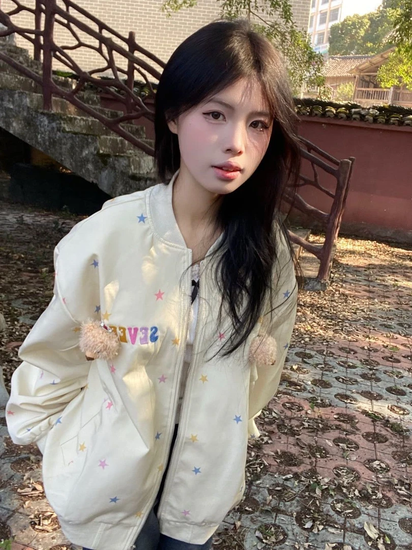 日系可爱星星满印棒球服外套女春季新款甜美小个子bf宽松夹克上衣