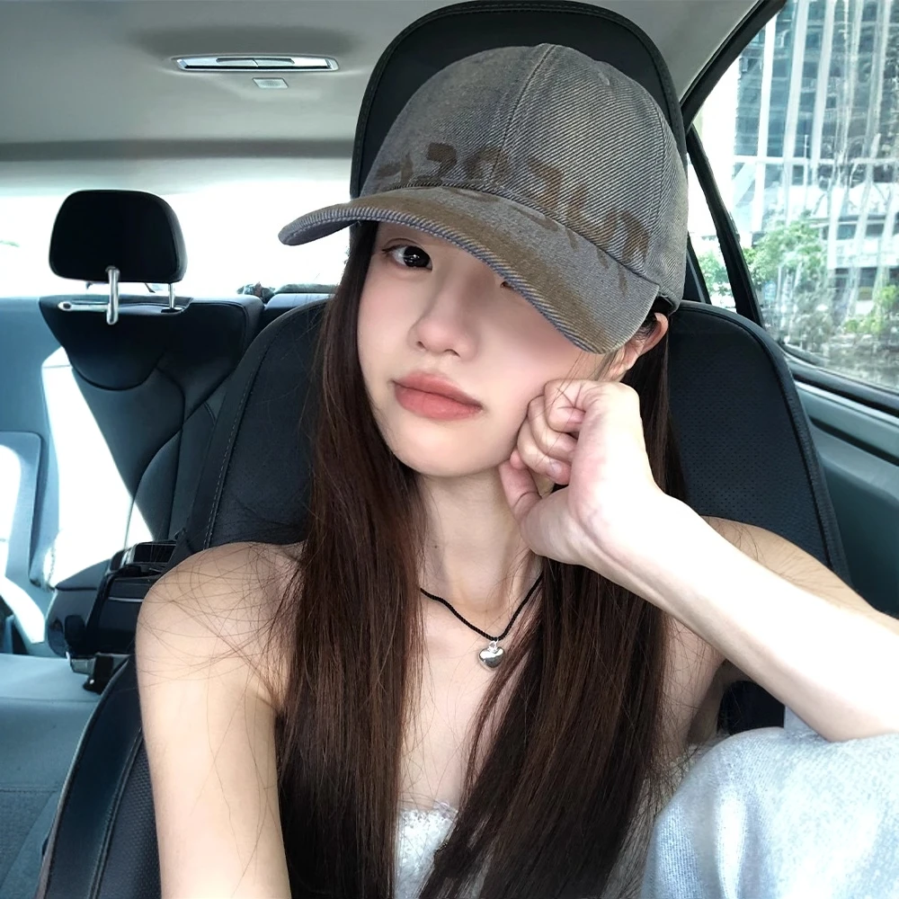 美式复古水洗做旧字母棒球帽女宽帽檐大头围显脸小软顶鸭舌帽子男