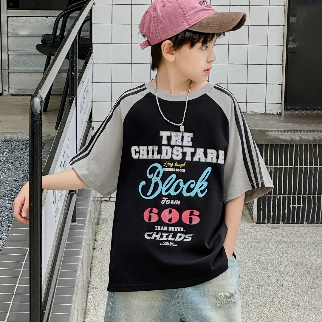 男童夏季拼色韩版短袖T恤2025新款中大男童洋气休闲宽松短袖T恤潮