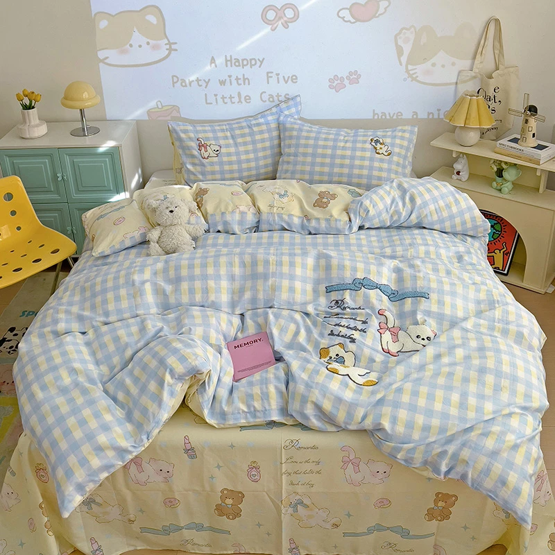 100%全棉毛巾绣纯棉四件套学生宿舍三件套小清新床单被套被罩