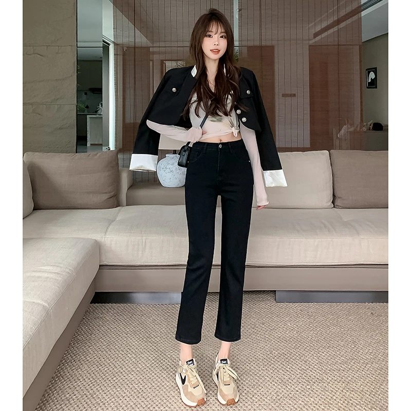 2025春夏黑色高腰直筒牛仔裤女小个子新款八九分弹力烟管法棍裤子