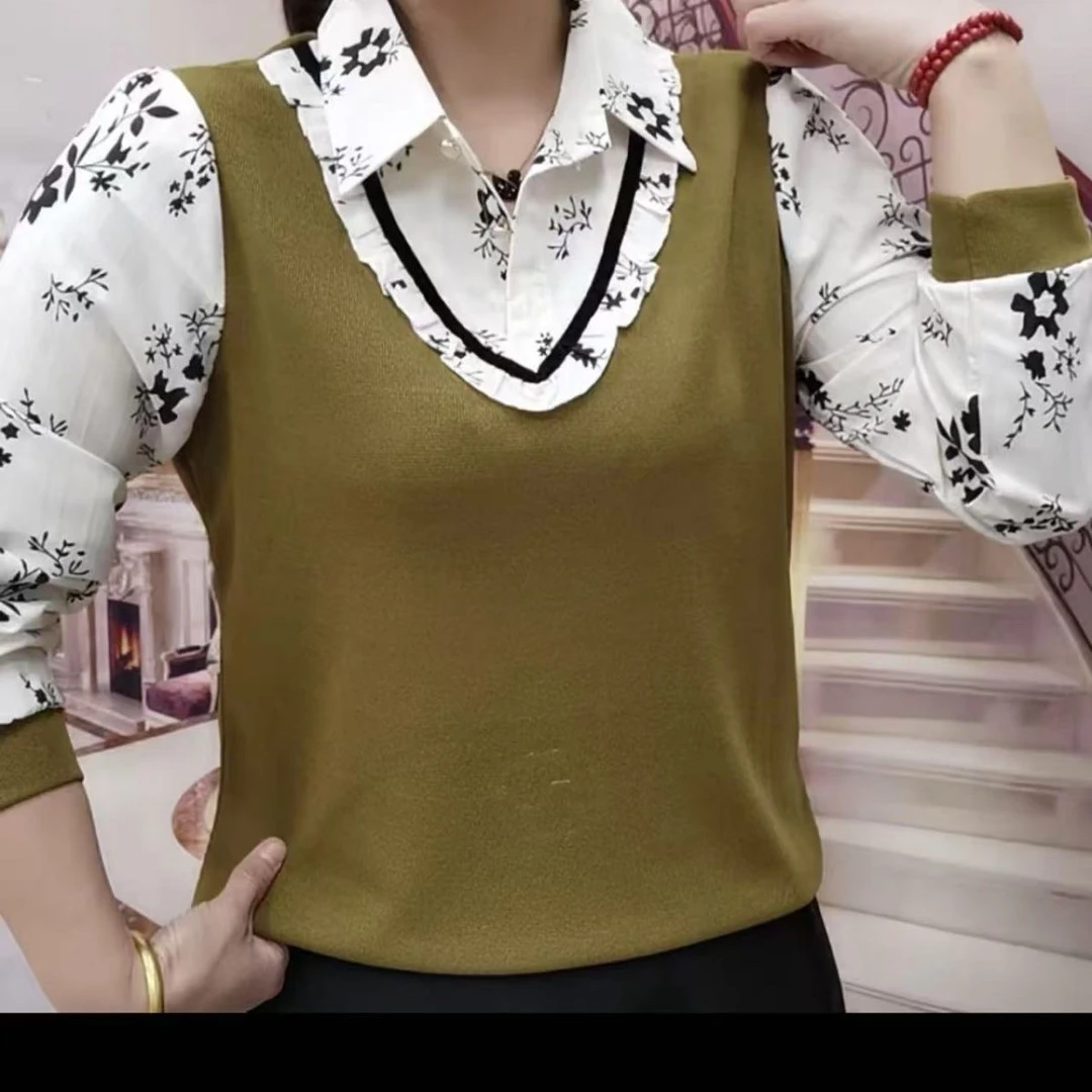 打底高档时尚拼接假两件衬衫新款洋气减龄碎花衬衣气质大码上衣