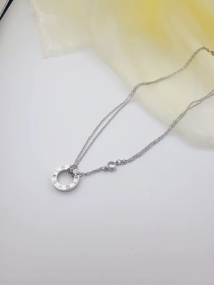 钛钢项链 【Kiss娜】钛钢4212时尚钢色双链条几何项链锁骨链