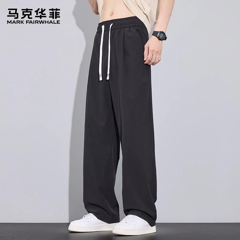 马克华菲夏季薄款冰丝休闲裤子男士潮牌速干宽松直筒拖地阔腿长裤