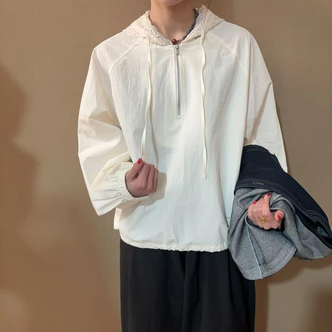 连帽奶杏色套头衬衫