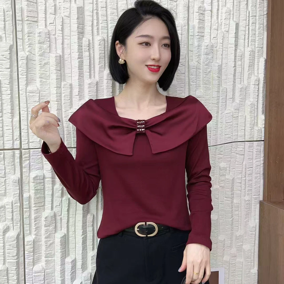 2025年早秋新款时尚百搭方领蝴蝶结长袖修身T恤显瘦百搭上衣#9232