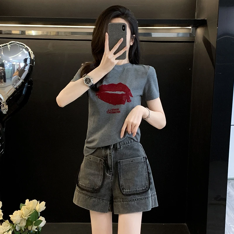 欧货炸街休闲套装女2025夏季新款时尚短袖牛仔短裤两件套减龄显瘦