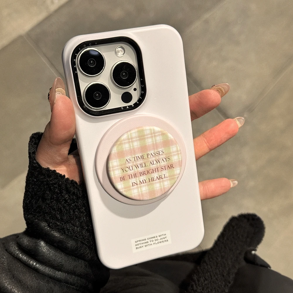 原创ins简约绿色格纹磁吸支架适用iphone16promax苹果13手机壳12