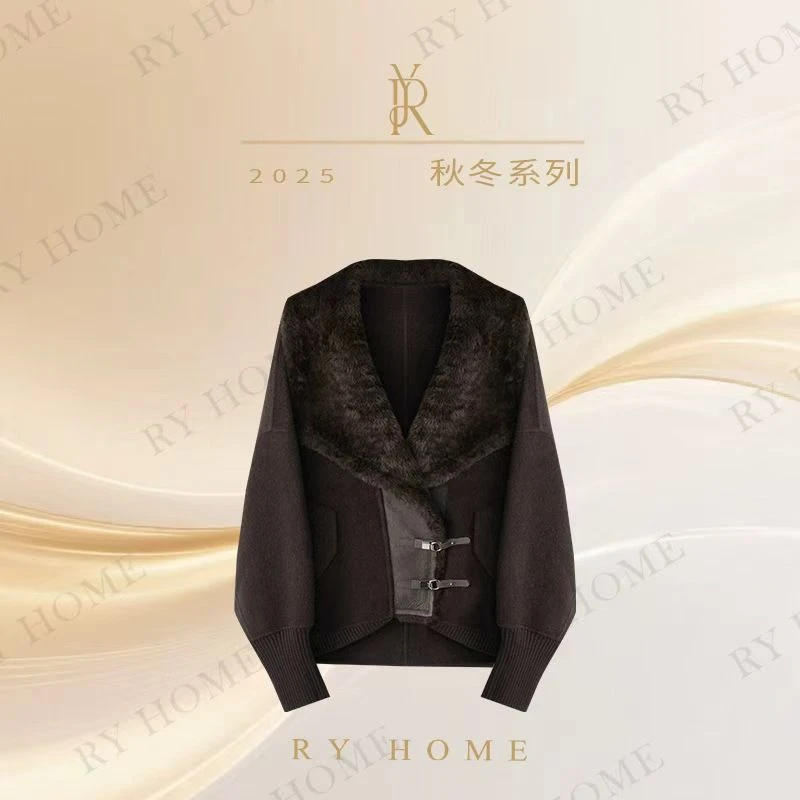 【容雨RYHOME】100%绵羊皮秋冬大翻领羊绒羊毛拼接毛呢外套253W2692