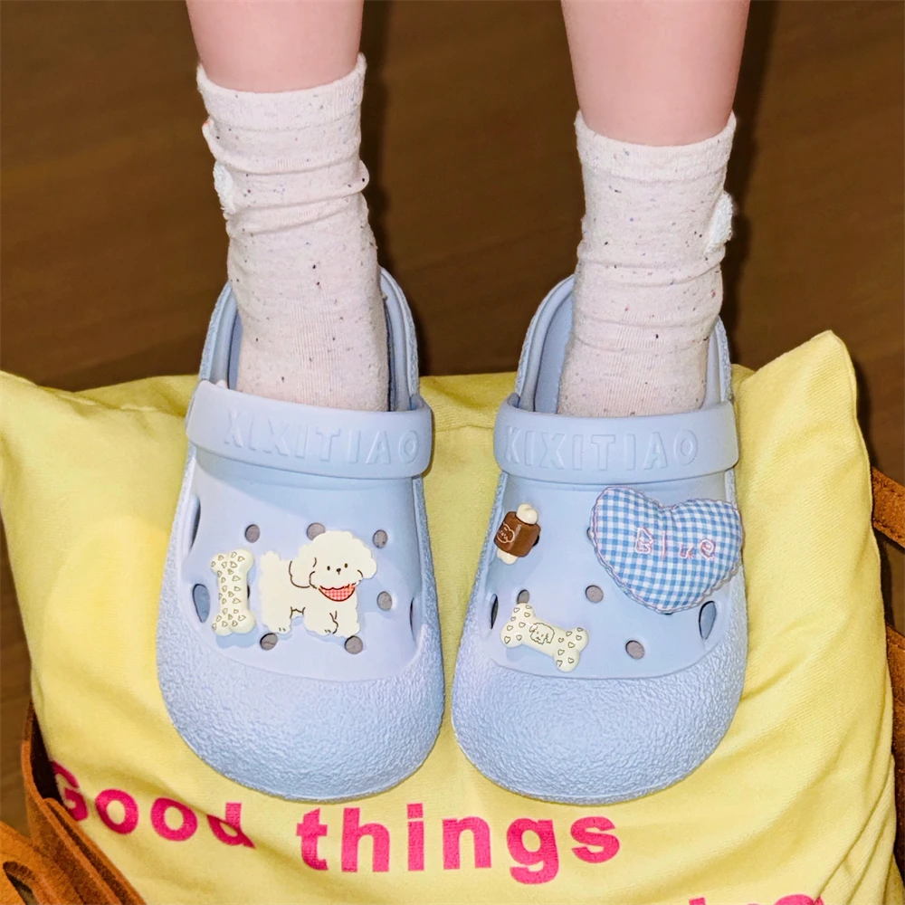 细细条 可爱爱心小狗夏季户外洞洞鞋女少女心时尚百搭沙滩凉拖鞋