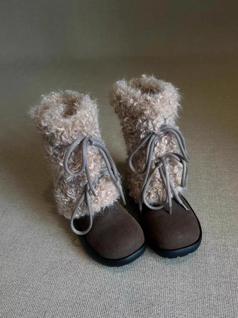 自留版-现货复古厚底棕色靴子加绒短靴女款保暖毛毛鞋新款雪地靴
