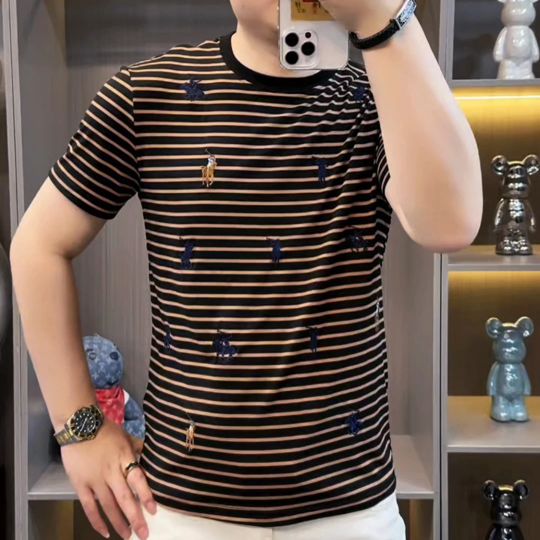 B111男士圆领打底衫欧货时尚修身潮流绣花短袖针织衫短袖t恤春夏