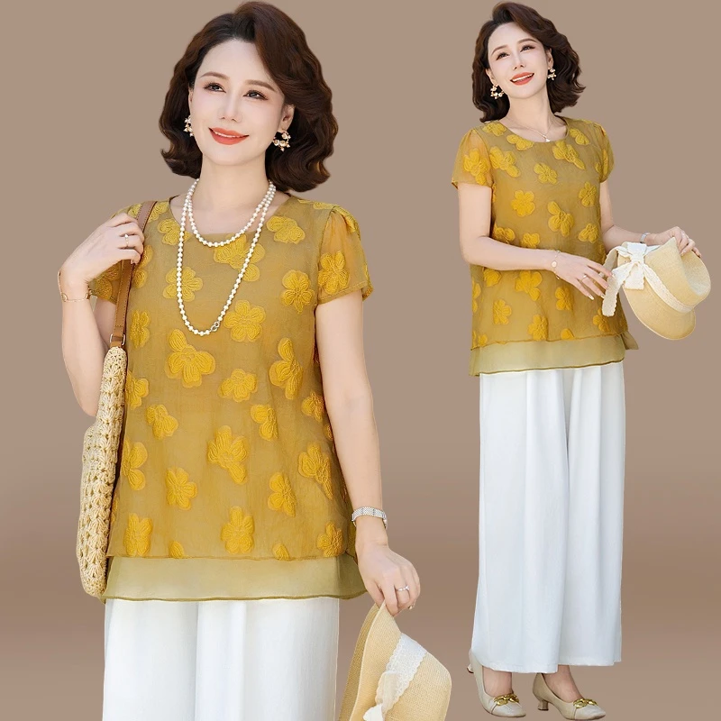 妈妈夏装国风小衫套装2025新款中老年女装夏季短袖上衣气质两件套