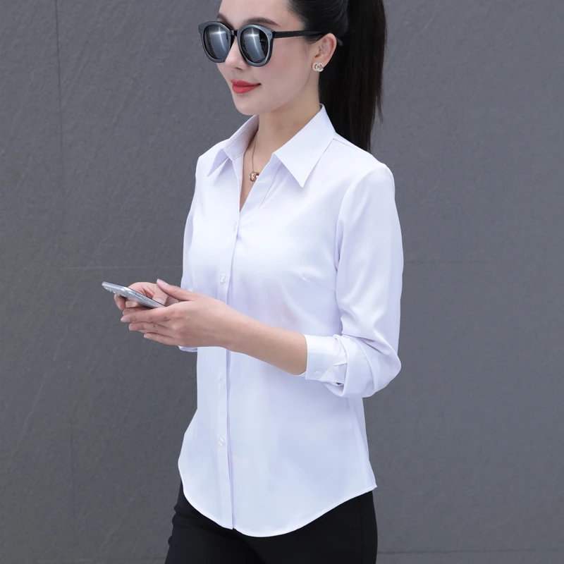 v领衬衫女长袖春季新款气质工装正装工作服面试白色职业免烫衬衣