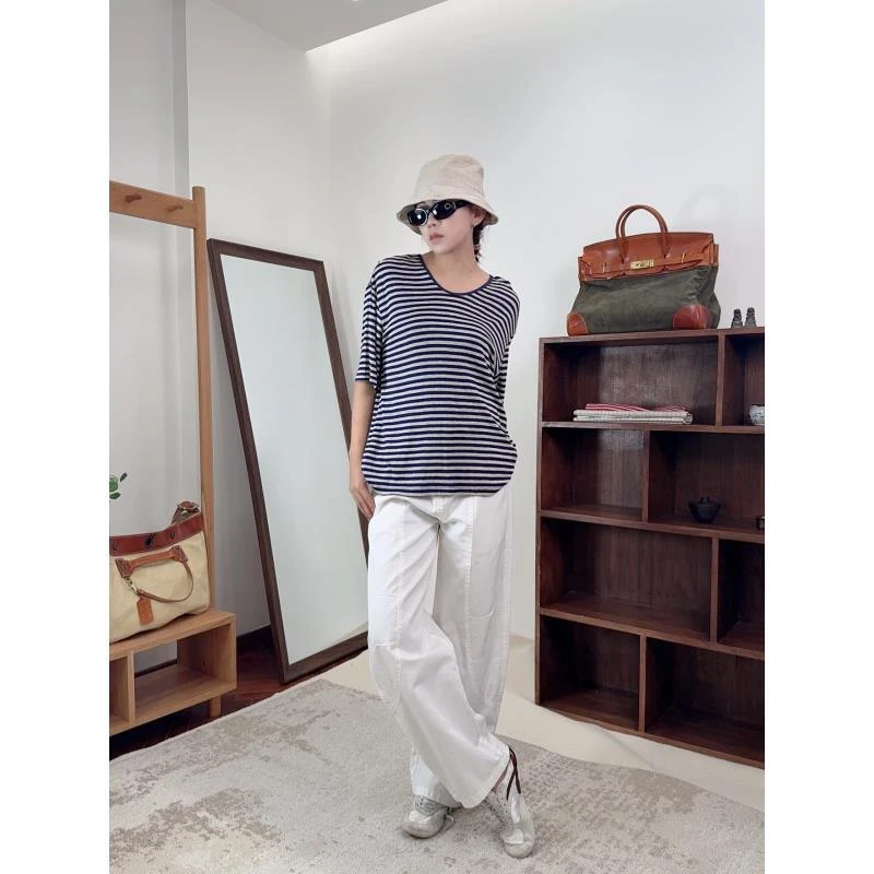 小众设计潮牌买手店男女同款Z 夏日凉感人棉条纹亚麻T恤48516