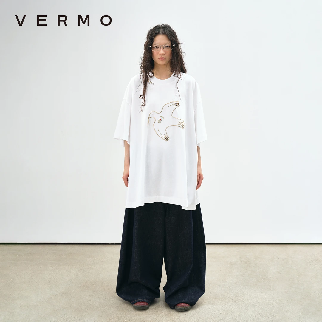 VERMO 手工立体串珠刺绣信鸽 oversize宽松挺括有型短袖T恤9540