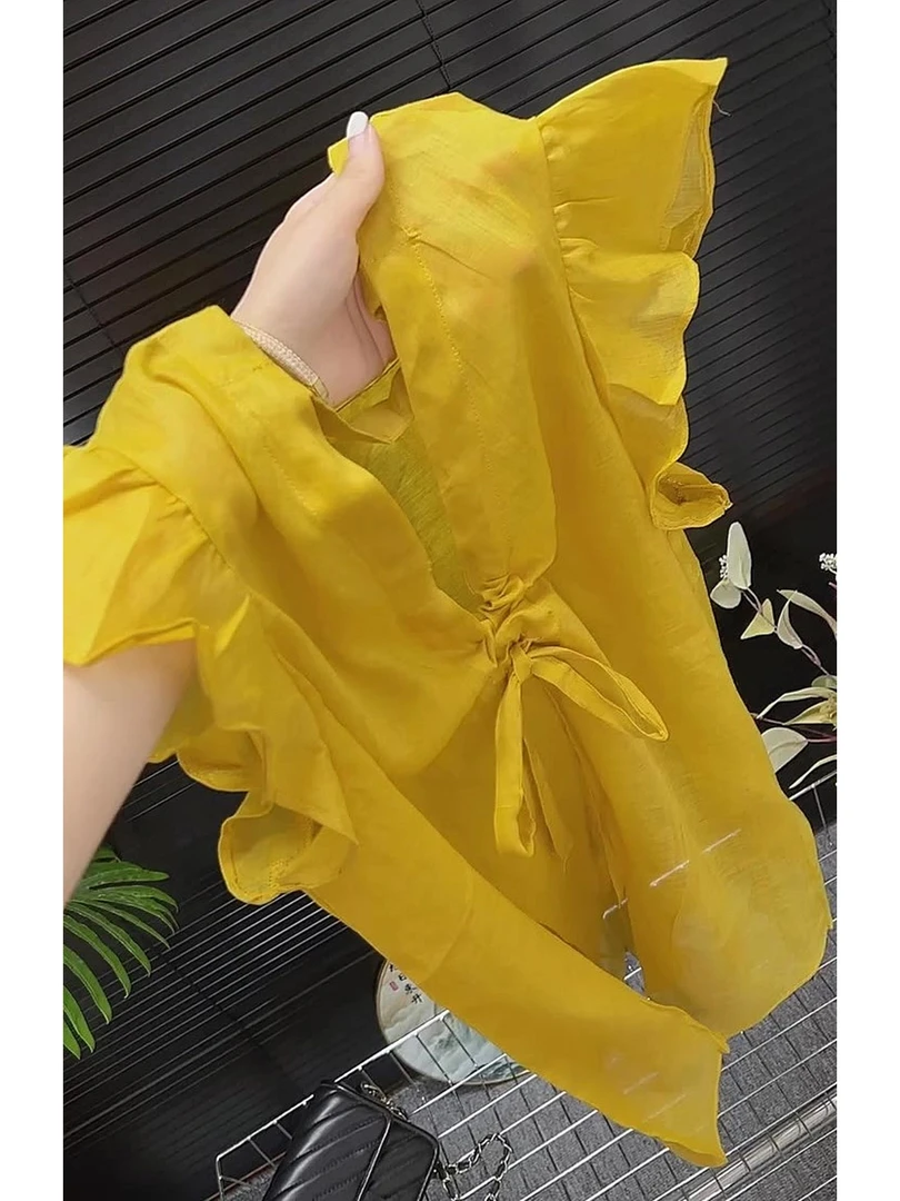 黄色圆领小飞袖减龄T恤2025夏季新款后背镂空系带设计感气质上衣