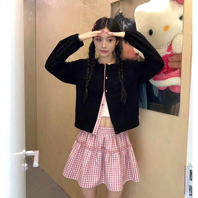 【吵吵家】针织衫拼接粉色格子开衫设计感41442