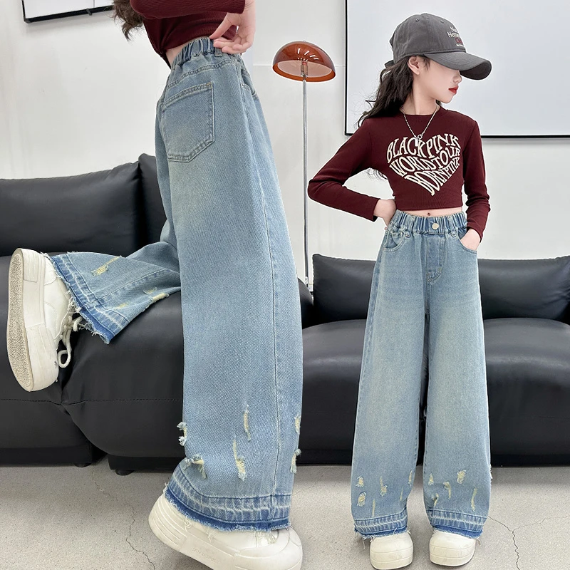 女童秋季牛仔裤洋气6-12岁15岁中大童2025新款休闲宽松直筒阔腿裤